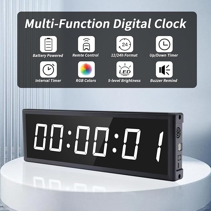 Large Digital Wall Clock with Remote Control, LED Stopwatch Timer, Countdown,Count Up, 12/24 Hour Switchable Time Clock for Home Gym Living Room Office Garage Decor (RGB, 15.2" x 4.5")