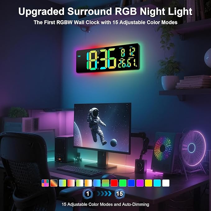 Large Digital Wall Mount Clock 17.3", 15 Color Modes Jumbo Numbers, 8 Color Modes Atmosphere Lights, Led Large Display Auto-Dimming/DST, for Classroom Living Room Garage Gym, Gift for Senior Mom Dad