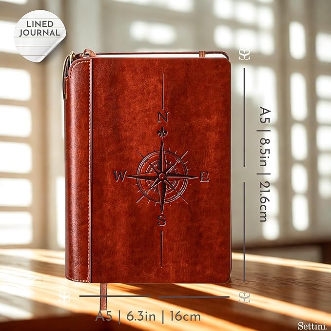 SETTINI® Lined Journal - Compass Journal for Writing Gift Set - Hardcover Vegan Leather, Includes Luxury Pen in a Unique Pen Holder, 192 Pages, 6 x 8.5 inches, Birthday Gift