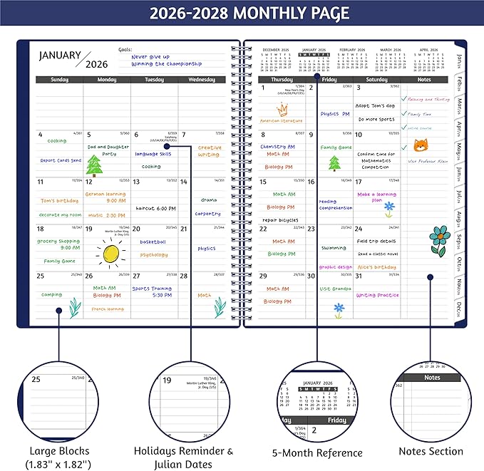 Monthly Planner 2026-2028, 36 Months Calendar Planner 2026-2028 from Jan 2026 – Dec 2028, 8.5'' x 11'' with Ruled Spread, Flexible Cover, Spiral Wirebound, Pocket, Coated Tabs, Notes ＆ Habit Tracker