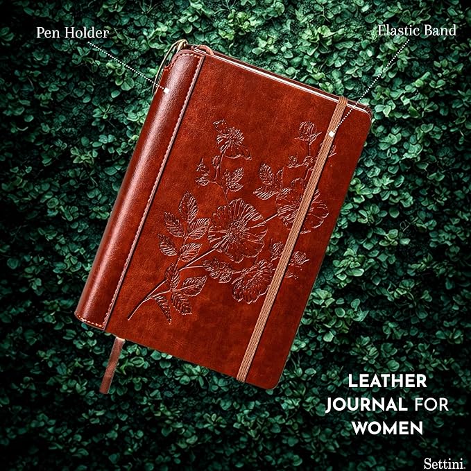 SETTINI® Lined Journal - Flower Journal for Writing Gift Set - Hardcover Vegan Leather, Unique Pen Holder, 192 Pages, 6" x 8.5" - Includes Pen and Gift Box - Birthday Gift