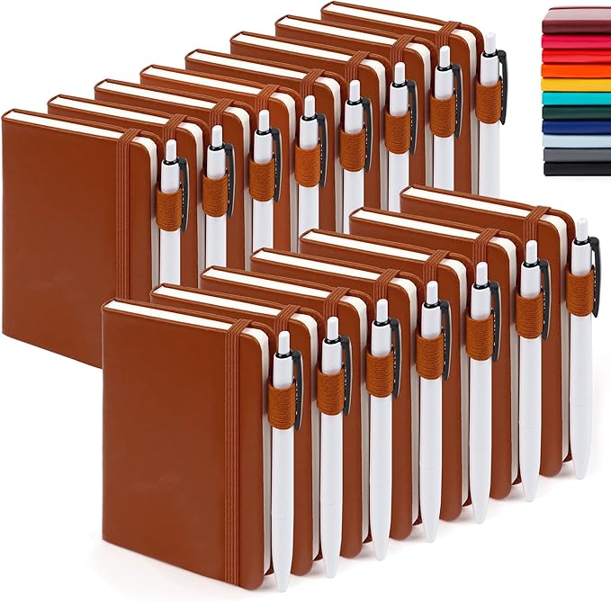 feela 15 Pack Pocket Small Notebooks Bulk, Mini Cute Notepads Hardcover College Ruled Lined Journals with Pen Holder for School Business Memos, with 15 Black Pens, 3.5”x 5.5”, A6, Brown
