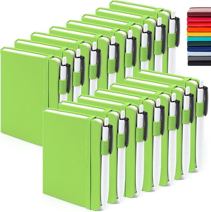 feela 15 Pack Pocket Small Notebooks Bulk, Mini Cute Memo Notepads Hardcover College Ruled Lined Journals with Pen Holder for Women Girls Office School, with 15 Black Pens, 3.5”x 5.5”, A6, Green