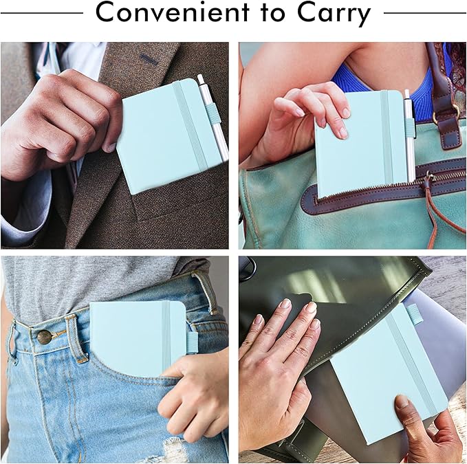 feela 15 Pack Pocket Small Notebooks Bulk, Mini Cute Memo Notepads Hardcover College Ruled Lined Journals with Pen Holder for Women Girls Office School, with 15 Black Pens, 3.5”x 5.5”, A6, Sky Blue