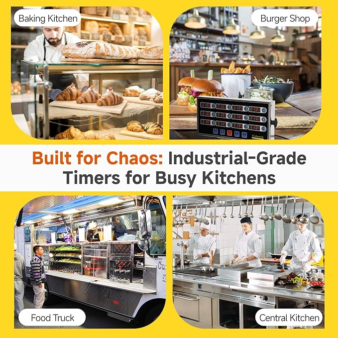 Commercial Kitchen Timers for Cooking, 12-Channel Timer for Commercial Kitchens, Heavy-Duty Loud Alarm Timer for Restaurants, Stainless Steel, LED Technology