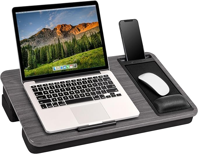 LAPGEAR Extra Large Adjustable Lap Desk with Gel Wrist Rest, Mouse Pad, Phone Holder, Device Ledge, and Booster Cushion - Gray Woodgrain - Fits up to 17.3 Inch Laptops - Style No. 88105