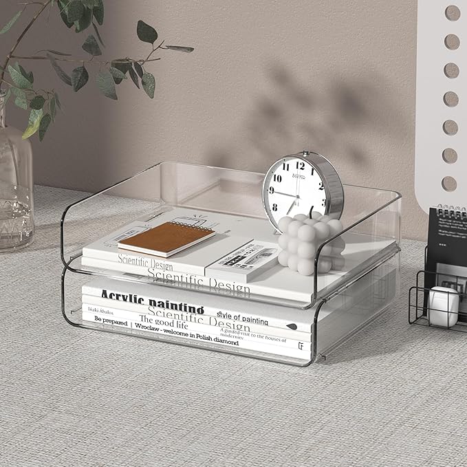 2-Tier Acrylic Paper Tray Organizer-Low-ProfileDesk File Sorter for Office/Home, Clear Stackable LetterTray for Bills, Crafts, Notebooks