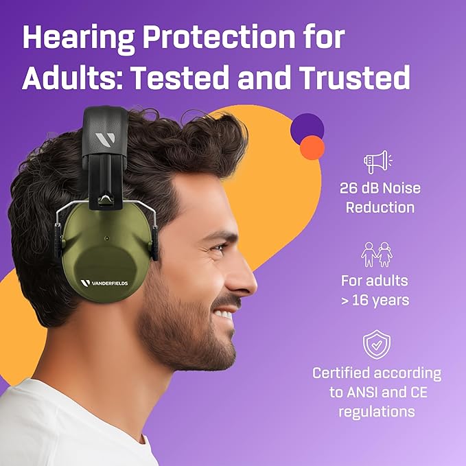 Vanderfields Hearing Protection Headphones - 26dB - Range Shooting Ear Protection - Noise Cancelling Ear Muffs for Adults