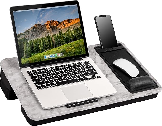 LAPGEAR Extra Large Adjustable Lap Desk with Gel Wrist Rest, Mouse Pad, Phone Holder, Device Ledge, and Booster Cushion - White Marble - Fits up to 17.3 Inch Laptops - Style No. 88101
