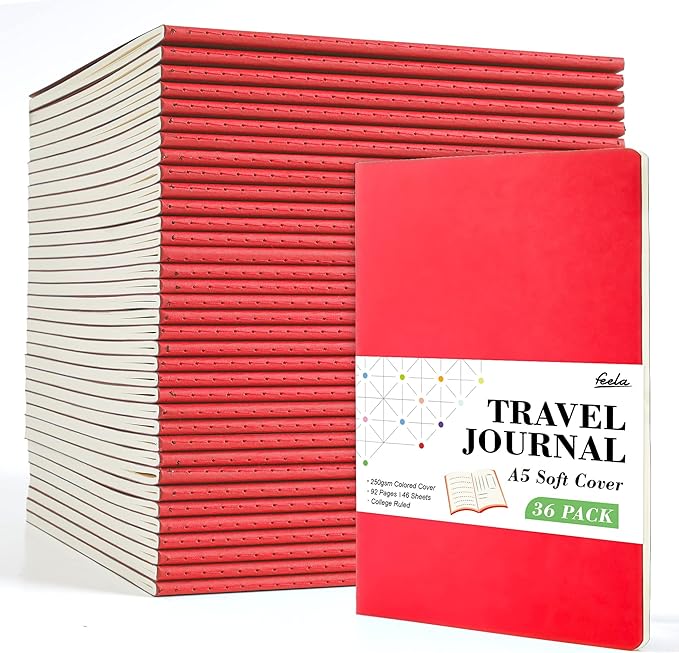 feela 36 Pack Soft Cover Journal Bulk, Lined Blank Travel Journal for Women Men Writing, Notebooks College Ruled for Work, Note Taking Notebook School Business Supplies, 8.2” x 5.5”, A5, Red