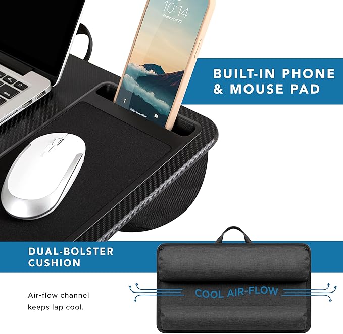 LAPGEAR Home Office Lap Desk with Device Ledge, Mouse Pad, and Phone Holder - Black Carbon - Fits up to 15.6 Inch Laptops - Style No. 91588