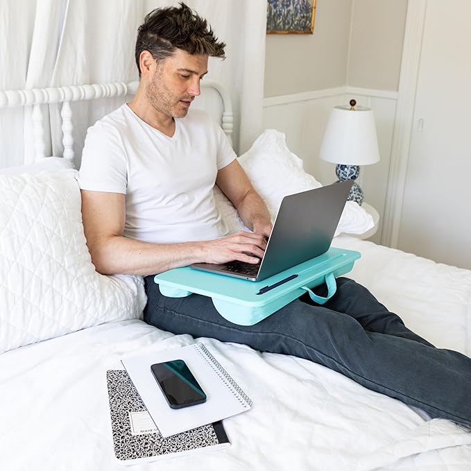 LAPGEAR Original Lap Desk – Large (17.9” x 13”) | Fits Up to 17.3” Laptops | Cushioned with Device Ledge, Pencil Tray & Handle | Portable & Lightweight | Aqua Sky – Style No. 45159