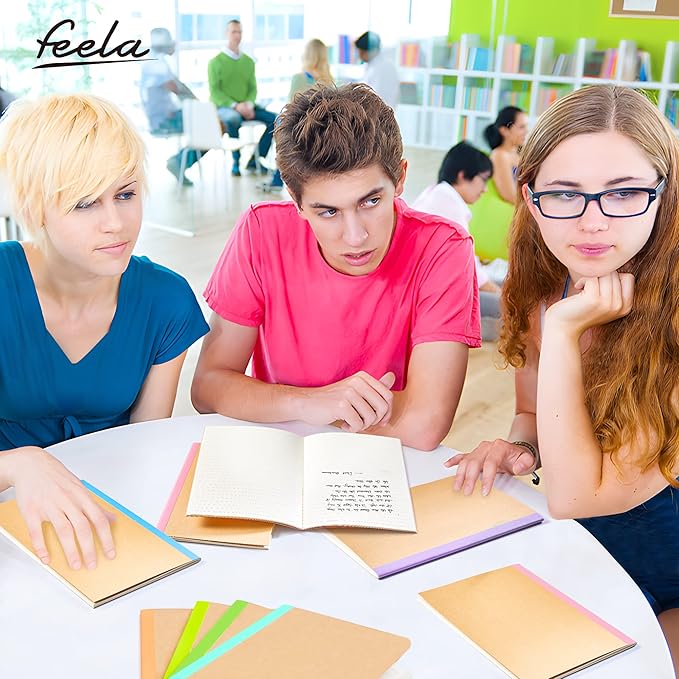 feela 56 Pack Composition Notebooks Bulk, Kraft Cover Lined Blank College Ruled Composition Travel Journals with Rainbow Spines For Women Students Business, 60 Pages, 8.3”x 5.5”, A5, 8 Pastel Colors