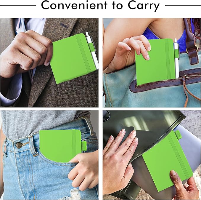 feela 15 Pack Pocket Small Notebooks Bulk, Mini Cute Memo Notepads Hardcover College Ruled Lined Journals with Pen Holder for Women Girls Office School, with 15 Black Pens, 3.5”x 5.5”, A6, Green