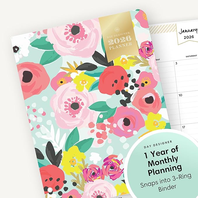 Blue Sky Day Designer 2026 Monthly Planner Calendar, January 2026 - December 2026, 8.5" x 11", Clear Flexible Cover, Stapled Binding, Secret Garden Mint