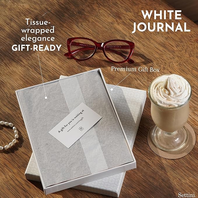 SETTINI® Lined Journal - Modern White Journal for Writing Gift Set - Hardcover Vegan Leather, Includes Luxury Pen in a Unique Pen Holder, 192 Pages, 6 x 8.5 inches, Birthday Gift