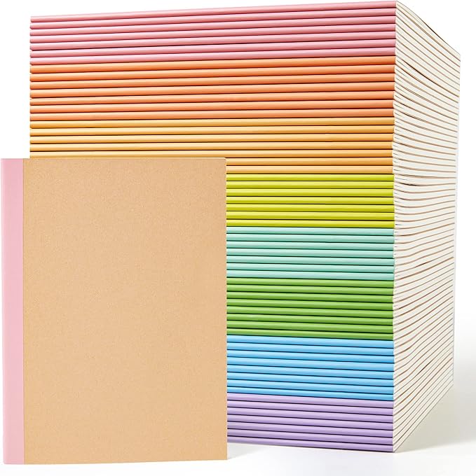 feela 56 Pack Composition Notebooks Bulk, Kraft Cover Lined Blank College Ruled Composition Travel Journals with Rainbow Spines For Women Students Business, 60 Pages, 8.3”x 5.5”, A5, 8 Pastel Colors
