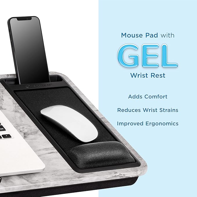 LAPGEAR Extra Large Adjustable Lap Desk with Gel Wrist Rest, Mouse Pad, Phone Holder, Device Ledge, and Booster Cushion - White Marble - Fits up to 17.3 Inch Laptops - Style No. 88101