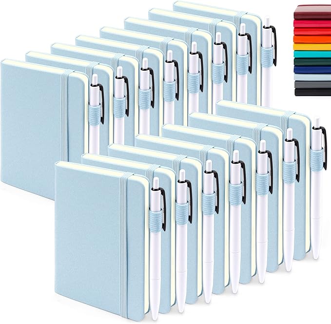 feela 15 Pack Pocket Small Notebooks Bulk, Mini Cute Memo Notepads Hardcover College Ruled Lined Journals with Pen Holder for Women Girls Office School, with 15 Black Pens, 3.5”x 5.5”, A6, Light Blue