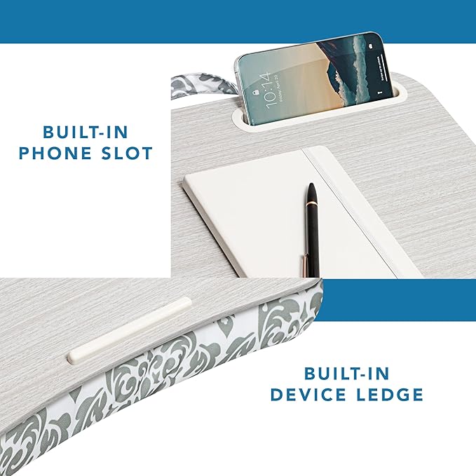 LAPGEAR Designer Lap Desk with Phone Holder and Device Ledge - Gray Damask - Fits up to 15.6 Inch Laptops - Style No. 45424