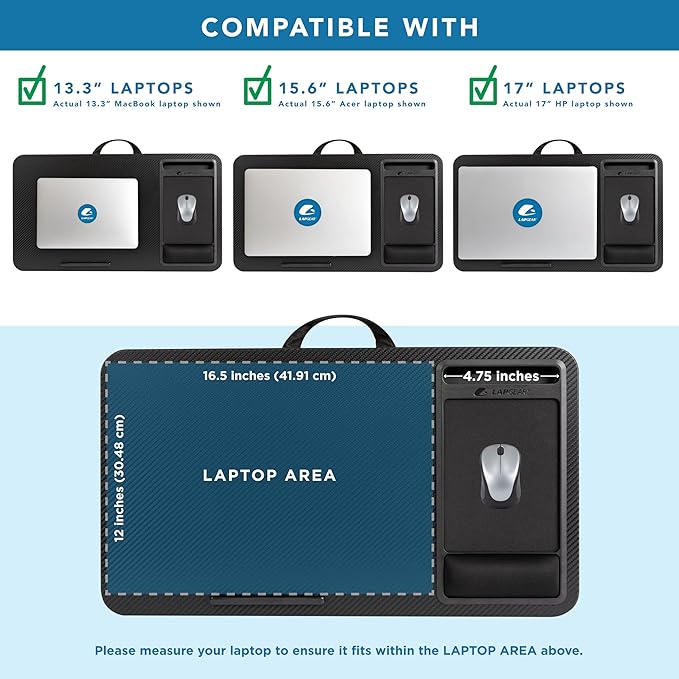 LAPGEAR Extra Large Adjustable Lap Desk with Memory Foam Wrist Rest, Mouse Pad, Phone Holder, Device Ledge, and Booster Cushion - Black Carbon - Fits up to 17.3 Inch Laptops - Style No. 88108