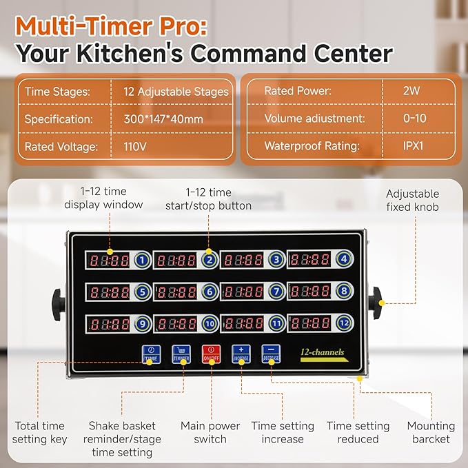 Commercial Kitchen Timers for Cooking, 12-Channel Timer for Commercial Kitchens, Heavy-Duty Loud Alarm Timer for Restaurants, Stainless Steel, LED Technology