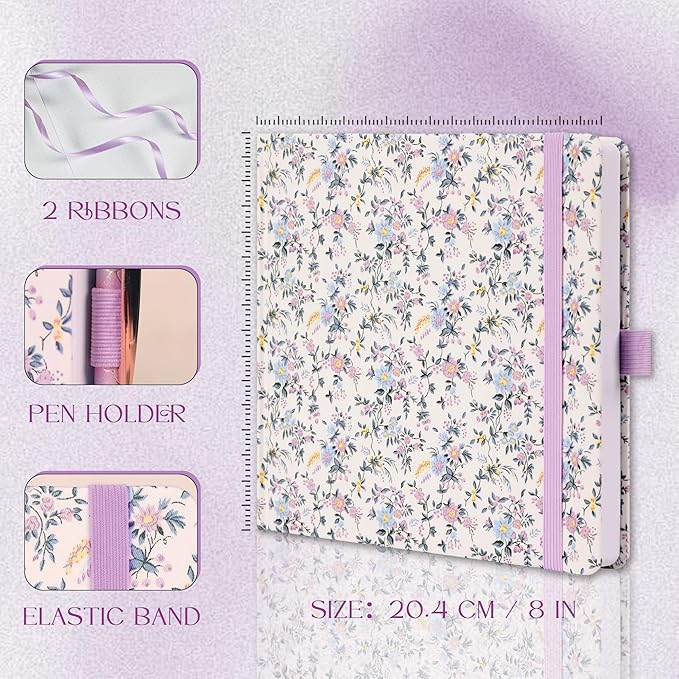 TIEFOSSI Dotted Journal Notebook, Dot Grid Notebook for Women Men, Fabric Flower Journal, 160 GSM Thick Paper, 160 Numbered Pages with Gold Edges, 8 x 8 Square Diary