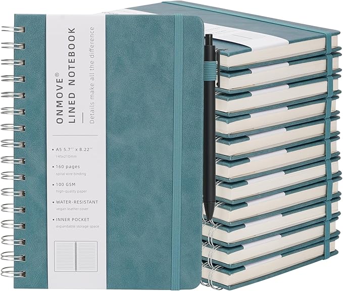 Spiral Notebooks Journal for Women Men 12 Pack Bulk Leather Hardcover with Pen Holder A5 160 Pages 100 GSM Thick Paper for Work School Lined Sky Blue