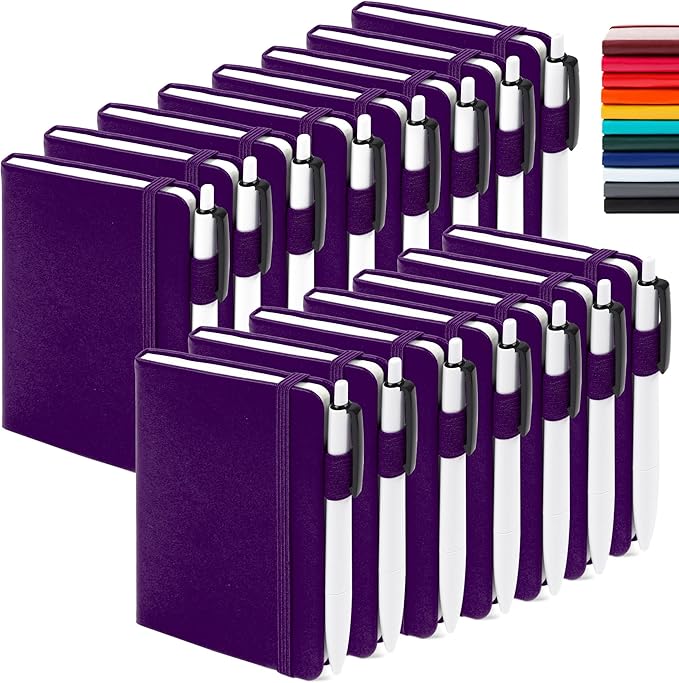 feela 15 Pack Pocket Small Notebooks Bulk, Mini Cute Notepads Hardcover College Ruled Lined Journals with Pen Holder for School Business Memos, with 15 Black Pens, 3.5”x 5.5”, A6, Purple