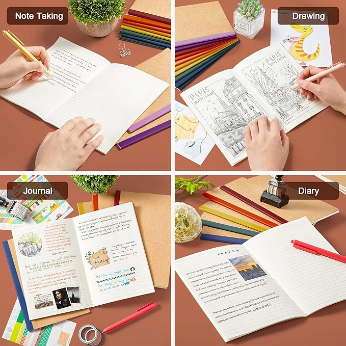 feela 56 Pack Composition Notebooks Bulk, Kraft Cover Lined Blank College Ruled Composition Travel Journals with Jewel Tone Spines For Women Students, 60 Pages, 8.3”x 5.5”, A5, 8 Vintage Colors